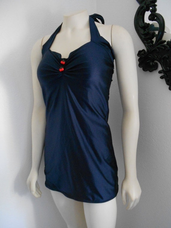 Navy and Cherries Two Piece swim dress retro pinup swimsuit