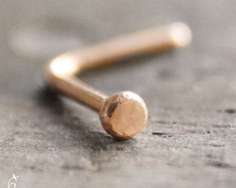22g Nose Stud - 14K gold Rustic Disc flat L-shaped nose ring in 22 gauge solid 14K yellow, rose (pink), or white gold