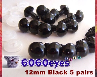 12 mm Safety Eyes Animal Eyes Plastic Eyes BLACK - 5 pairs (12B5)