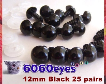 12 mm Safety Eyes Animal Eyes Plastic Eyes BLACK - 25 pairs (12B25)