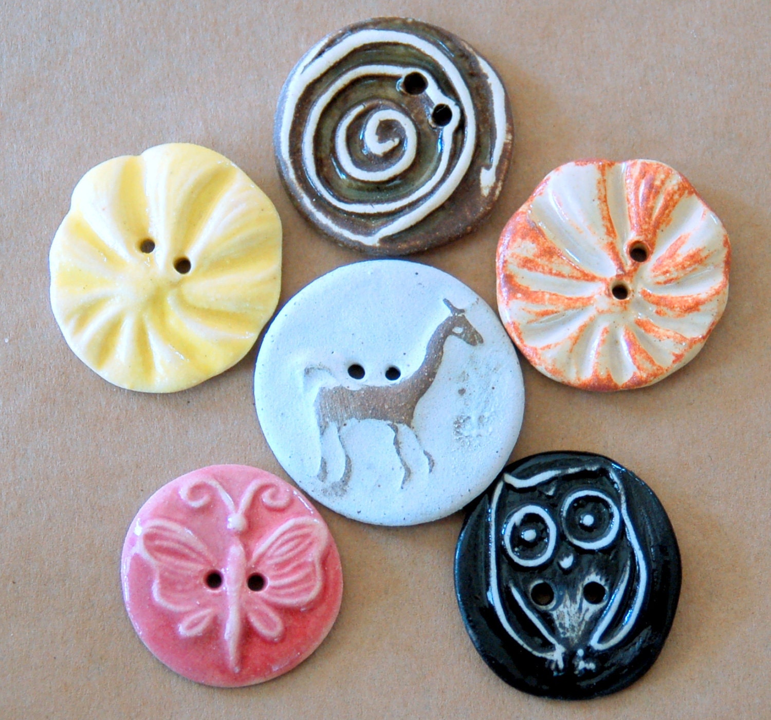 6 Handmade Ceramic Buttons Eclectic Assortment Alpaca