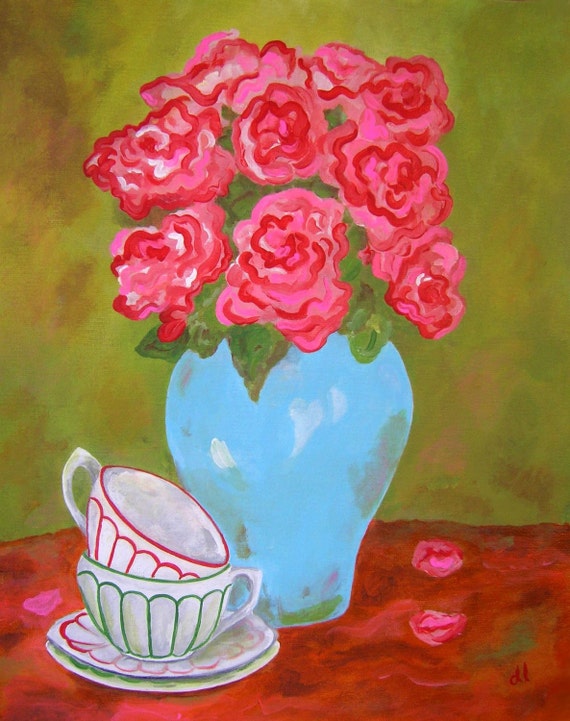 Items similar to Teacups and Flowers Painting, Original Art on Etsy