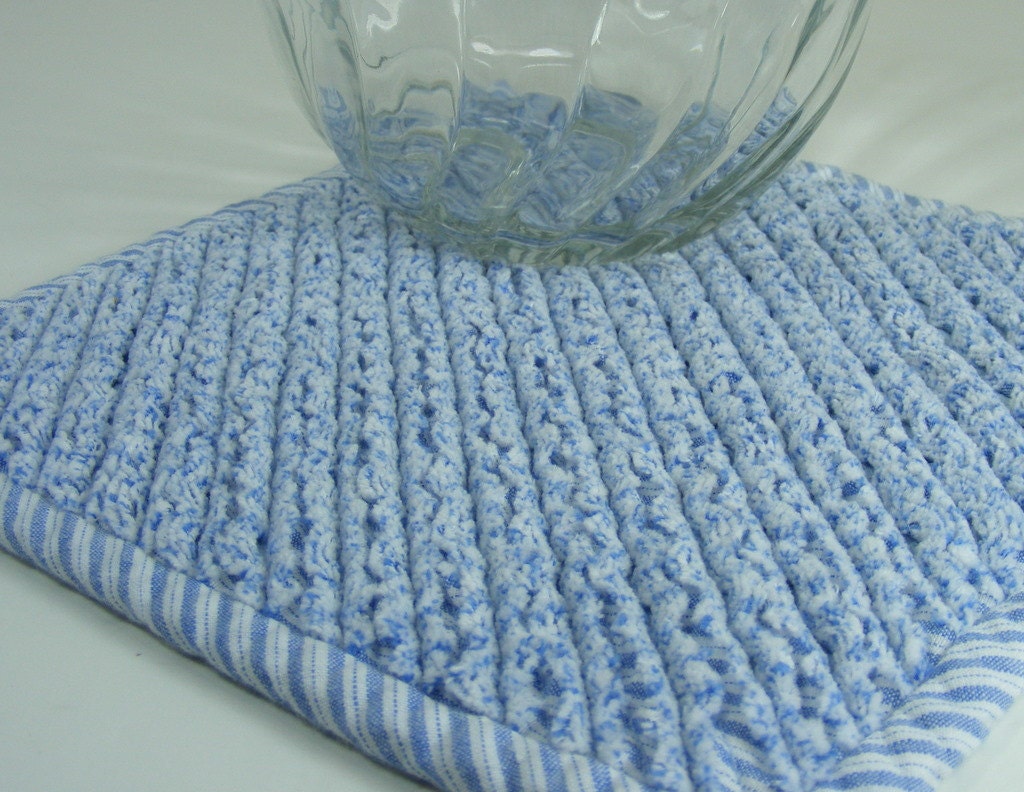 Chenille Hot Pad Potholder Fabric Trivet Blue and White