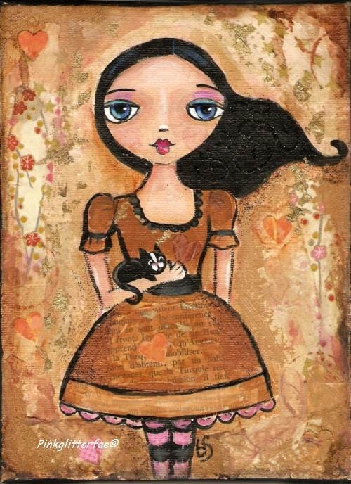 Original Folk Art painting girl with cat