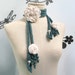 Crochet Lariat Scarf - Green Leaves and White Flowers with Glass Pearls - PEONY