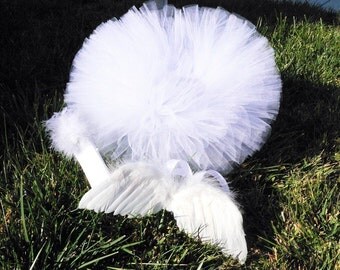 Angel Love - Infant Angel Tutu Wings Headband Set - Feather wings, 6'' tutu and headband - Newborn Photography Props and Baby Shower Gifts