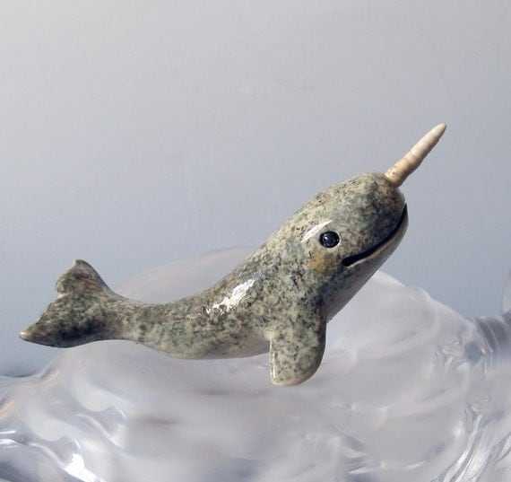 Small Narwhal Figurine Hand Sculpted White Stoneware