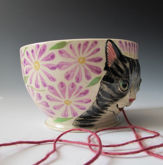 Gray Tabby Cat Yarn Bowl Knitting bowl