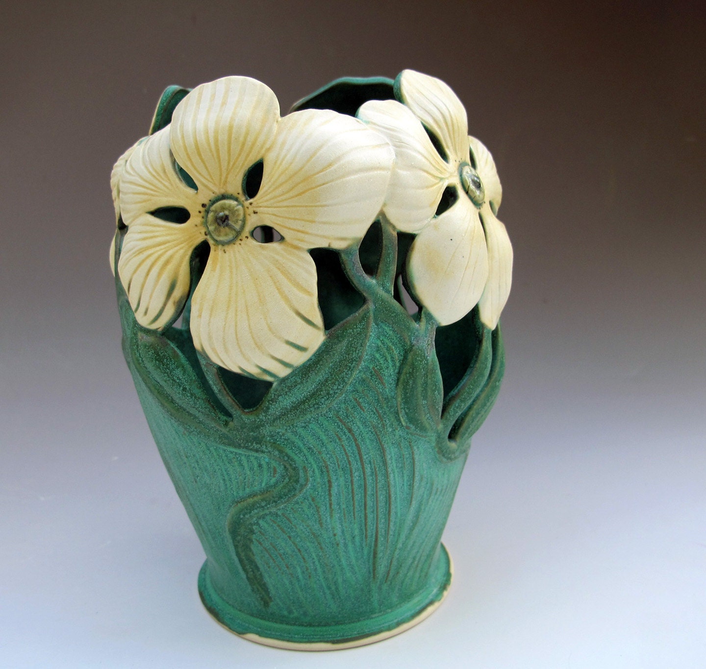 Art Nouveau Style Vase with Floral Design Matte Green Studio