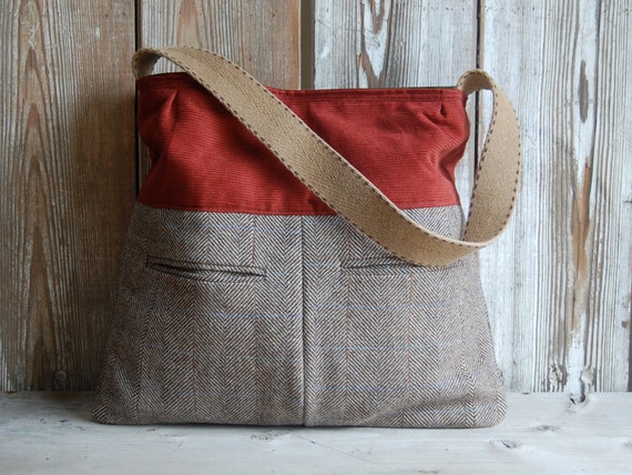 Upcycled Men's Suit Tote - rust and herringbone