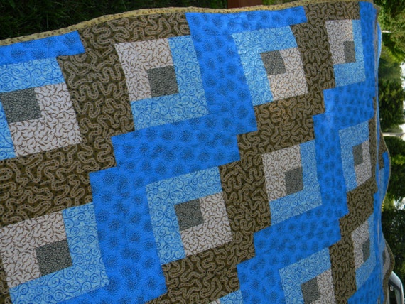 blue and brown log cabin quilt