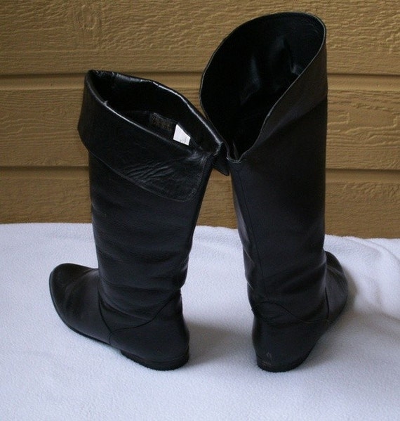 Vintage Pirate Boots Black Leather BIG cuff 8.5