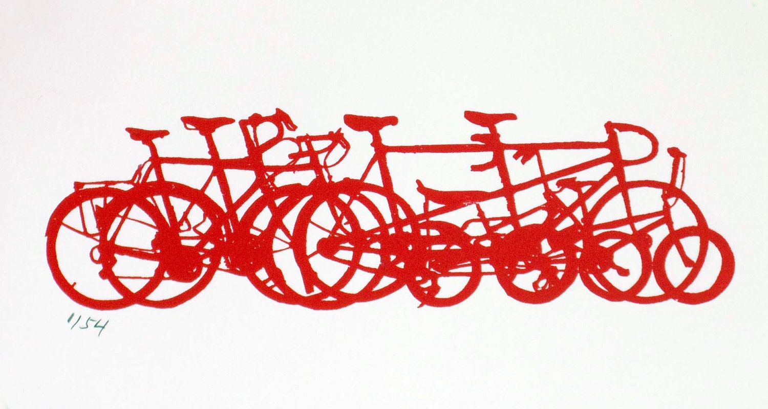 Bicycle Art Print Bike Stack Mini 10-23 Red by bicyclepaintings