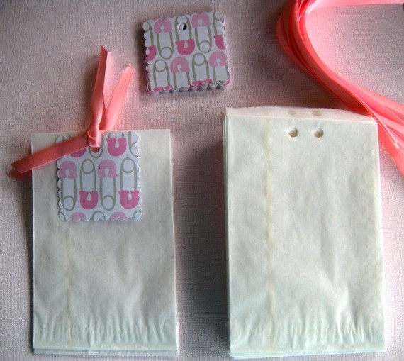 25 Glassine Baby Shower Favor Bags with Pink Diaper Pin