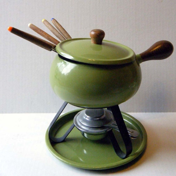 Vintage Fondue Pot with Forks and Base Light by Vintageworks