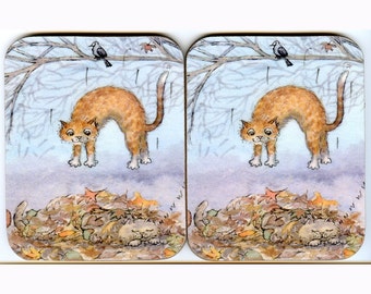 2 x coasters - ginger tabby cat surprise visit