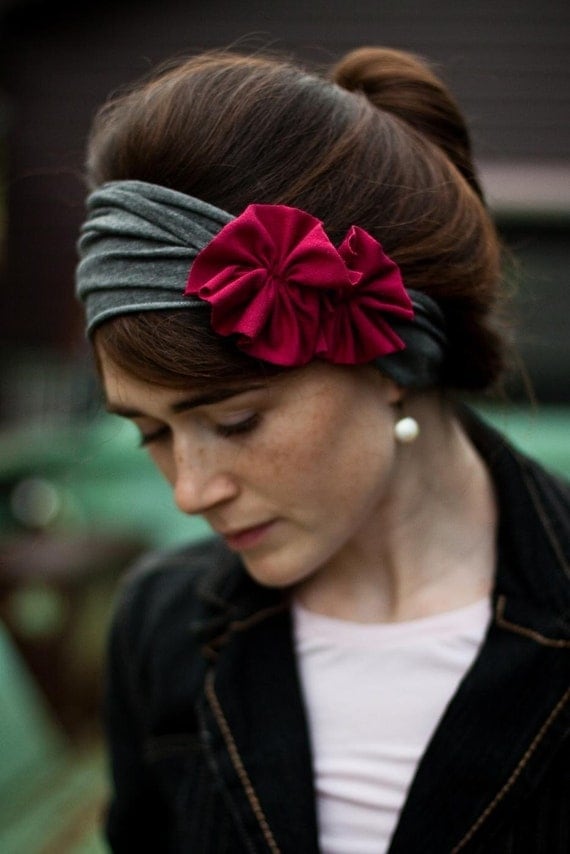 Charcoal and raspberry Rosette Stretch headband Garlands of