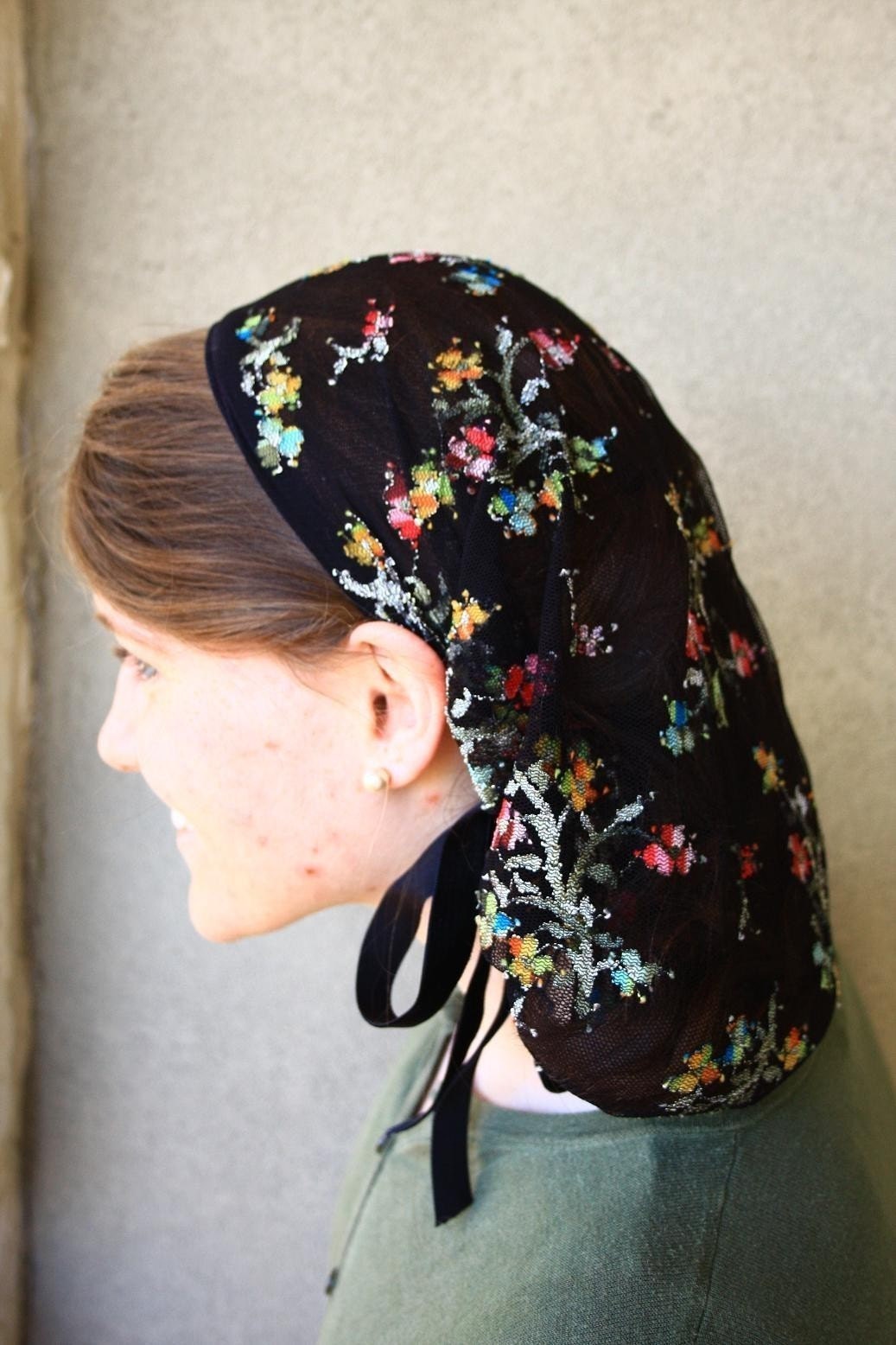 dELICATE black LACE Snood headcovering hair scarf head