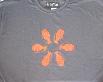 Big Mens GRENADE FLOWER tshirt - Asphalt Gray Charcoal with orange bomb grenade tshirt Safety third 3x 3xl 4x 4xl 5x 5xl Big Man