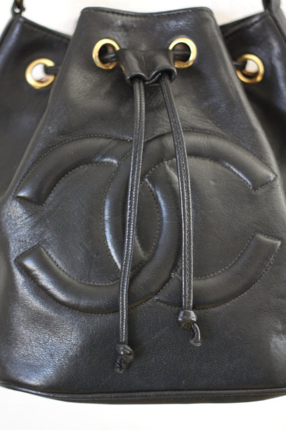 Vintage Chanel Black Leather Bucket Bag CC