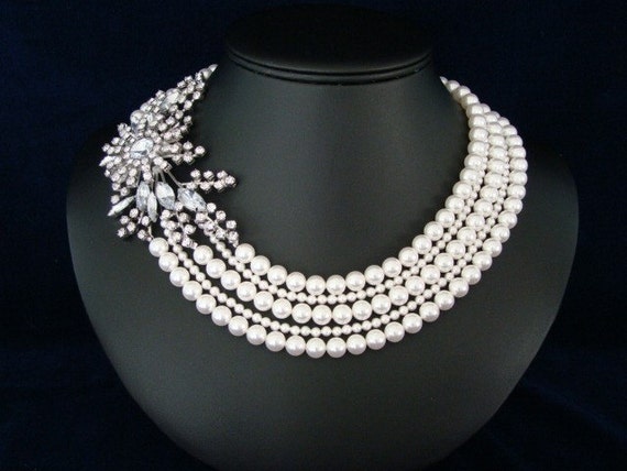 Pearl Necklace Bridal Necklace Rhinestone Brooch Statement