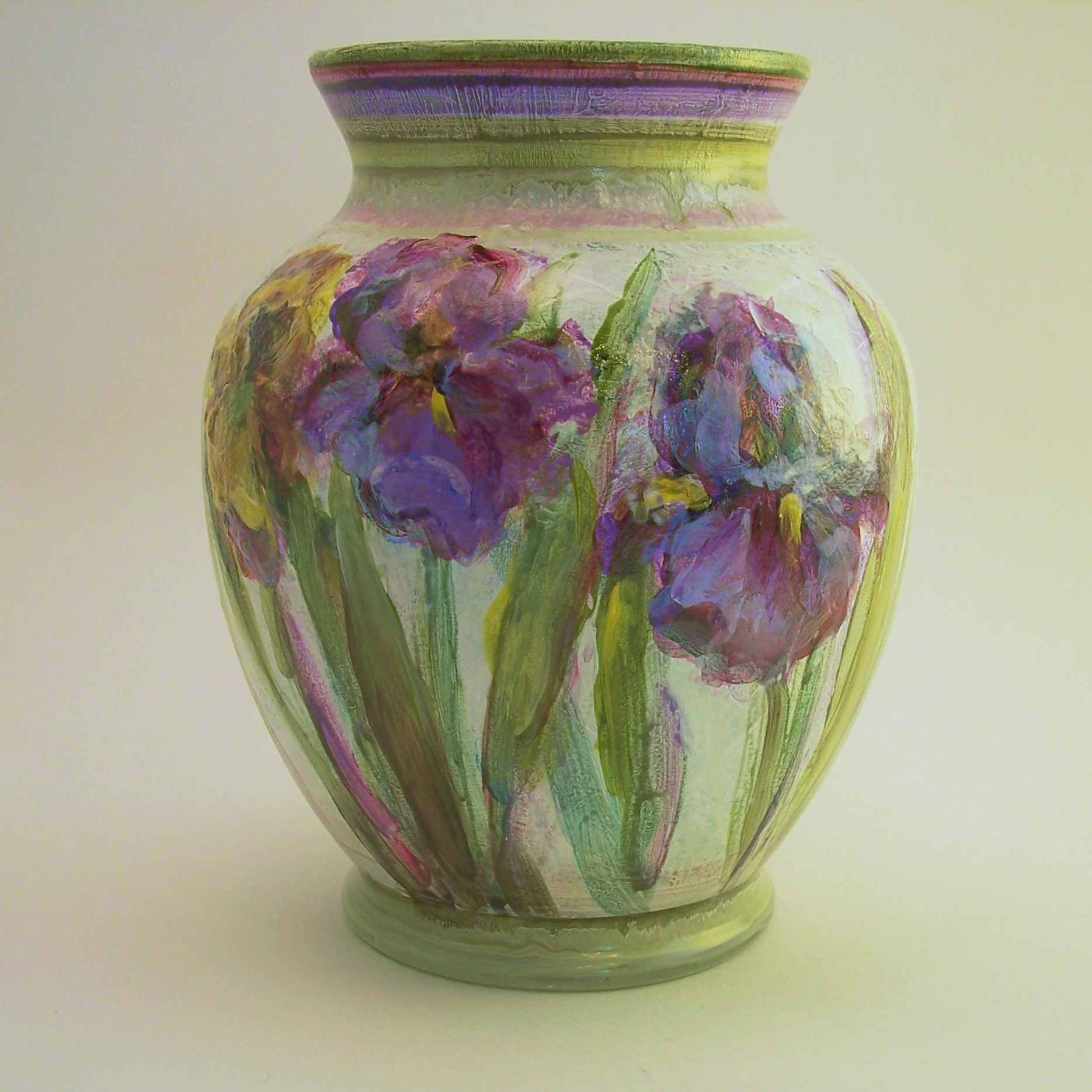 Iris Vase Hand Painted Flowers on Glass