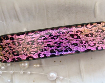 Large Pink and Black Dichroic Glass Barrette, French Made Barrette Clip