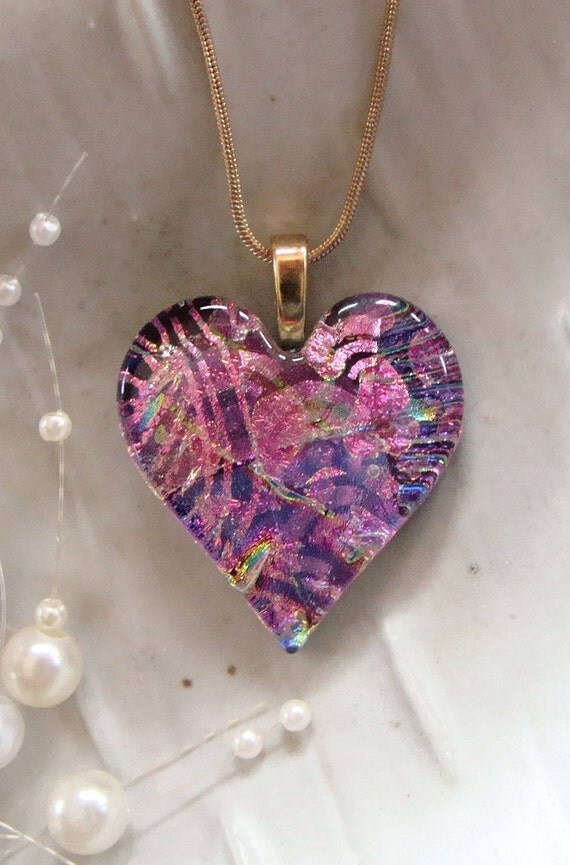 Fused Dichroic Heart Pendant Glass Jewelry Pink Magenta