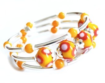 Lampworked Glass Silver Memory Wire Bracelet
