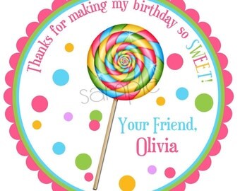 Lollipop Stickers, Sweet Shop Lollipop with Polkadots, HOT COLORS, Personalized stickers, labels, favor, Birthday, party, candy, set of 12