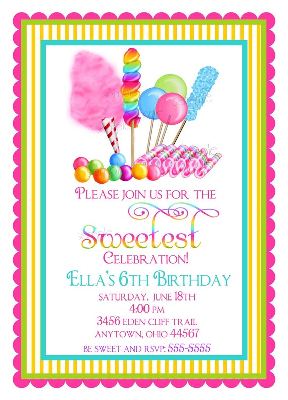 Candy Invitations, Sweet Shop Birthday party invitations, Candy Circus, Sweet Shoppe,  BIrthday, Children, Girls