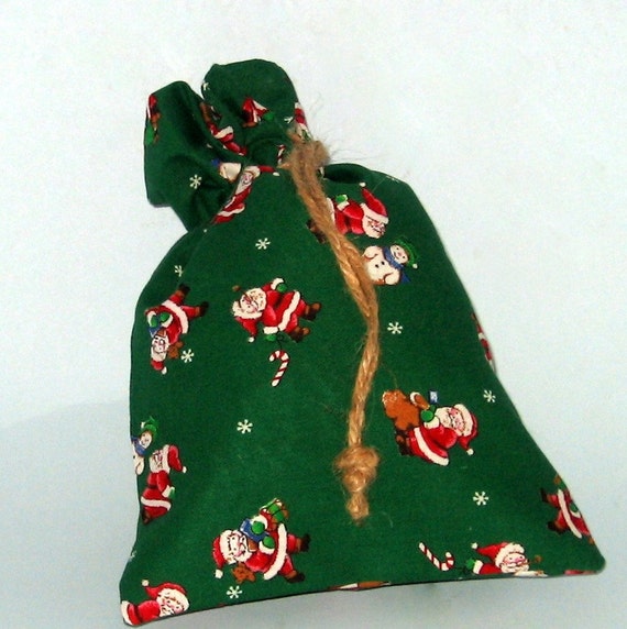 Handmade Reusable Cloth Green Santa Gift Bag - Small