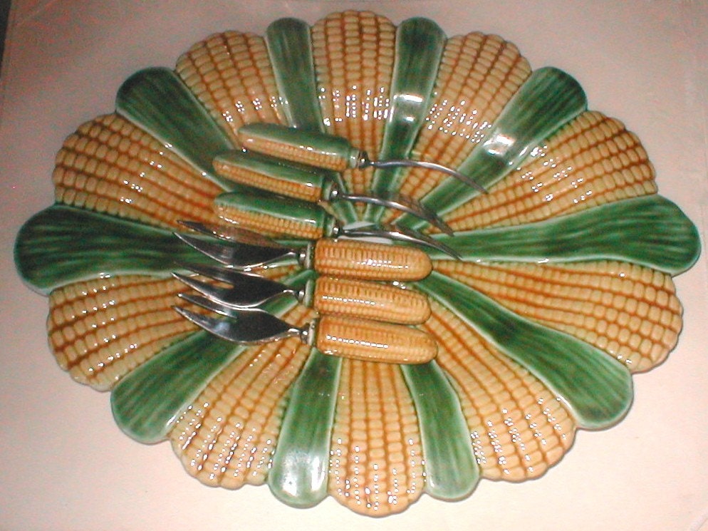 Majolica Corn Platter Cob Corn Dish and Corn Cob Forks