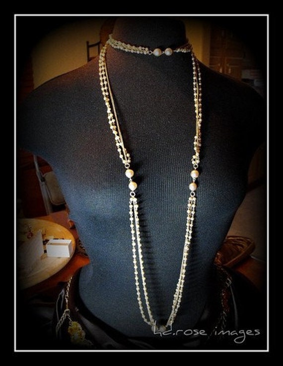 Coro Triple Chain Pearl Flapper Necklace