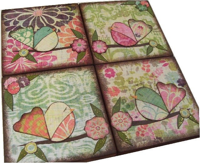 Colorful Owl Coasters Decoupaged Wood Drink Coaster Set of 4