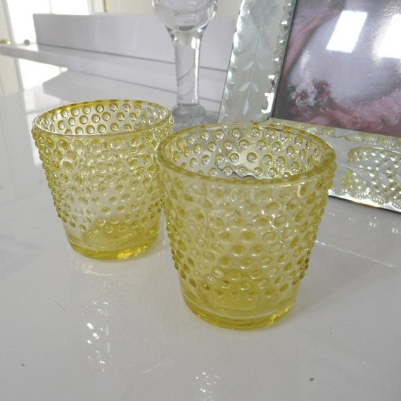 Vintage Yellow Glass Hobnail Votive Candle Holder Set 9226