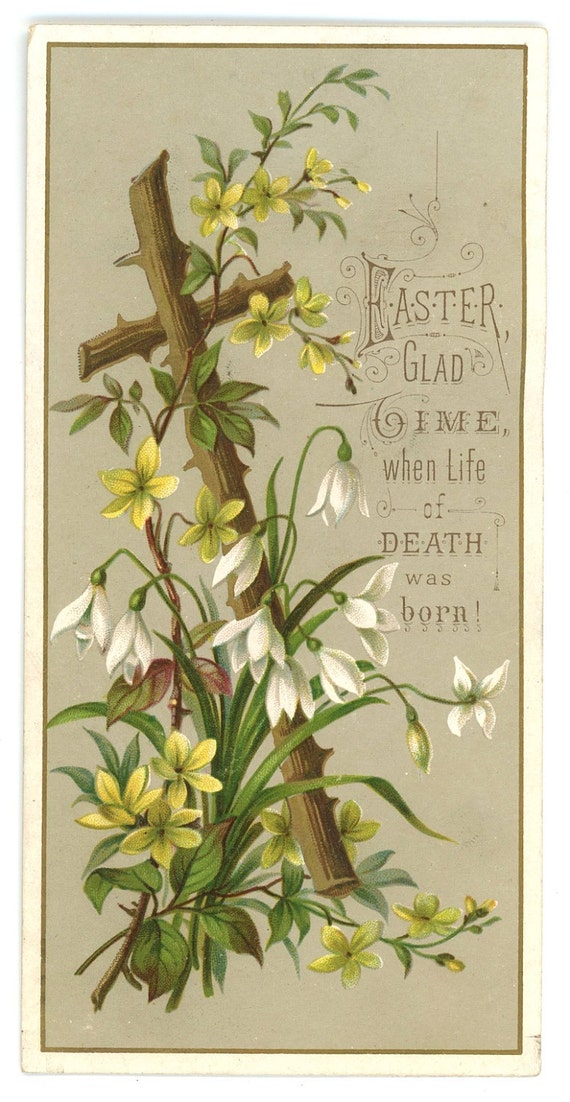 Easter card vintage Victorian cross flowers gold 1881 greeting