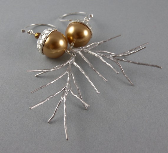 Elegant Silver and Gold Acorn and Pine-needle Earrings with Free USA ...