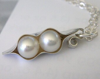 Peapod Necklace Pendant - Pearl Pea Pod Necklace - Peas in a Pod Jewelry - Two Pea Pod Jewelry - White Freshwater Pearl Necklace