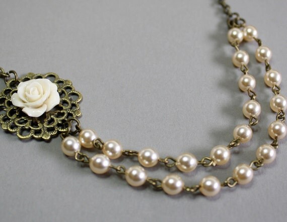 Vintage style ivory pearls bridal necklace with by KerensJewelry