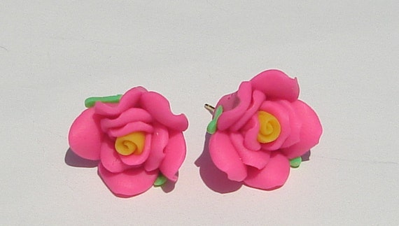 hot pink with yellow polymer clay rose pierced post earrings