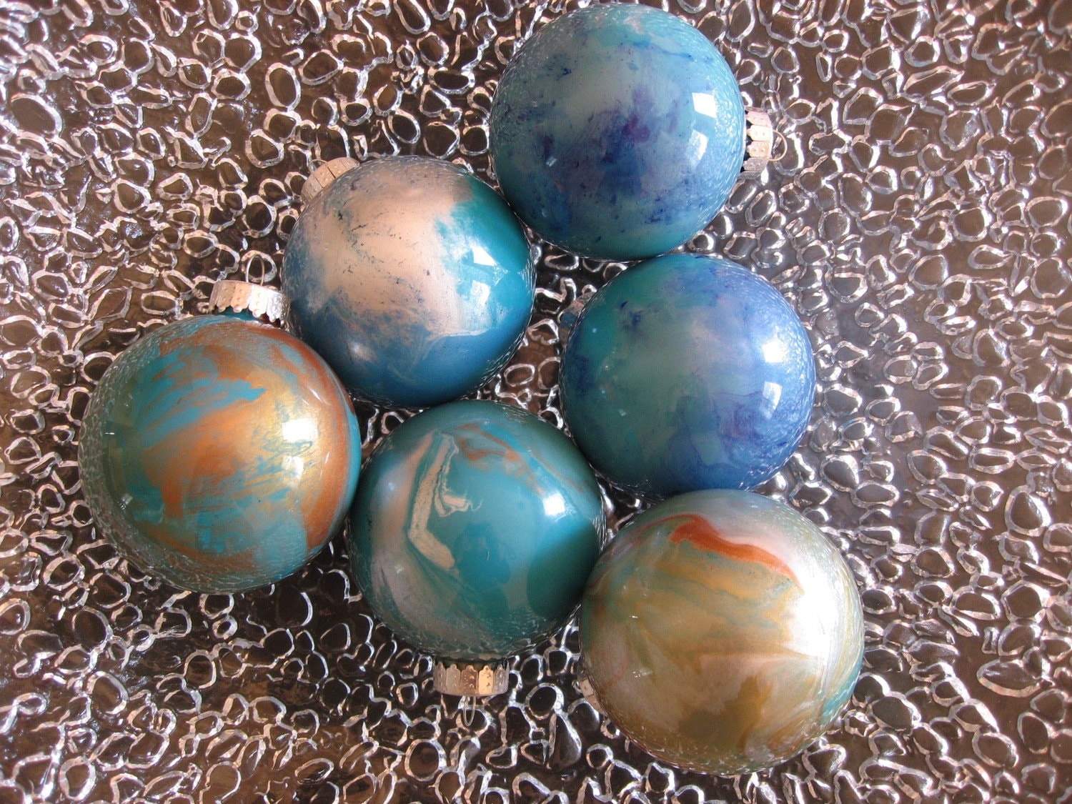 six hand painted glass ball ornaments in peacock six hand painted glass ball ornaments in peacock
