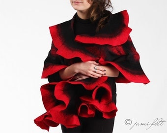 Red Felted Scarf - Wavy ruffled Shawl - Carmen passion - Handmade wool and silk