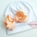 Baby Beanie / Newborn Beanie / Girls Beanie / Summer Peach n White Cotton Knit Beanie with Bow/ Portait Hat TWO SIZES