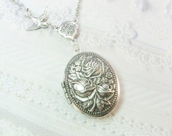 Silver Locket Necklace - The ORIGINAL Silver ROSE LOCKET- Jewelry by BirdzNbeez - Wedding Birthday Bridesmaids Gift