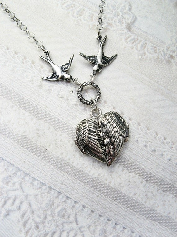 Silver Locket Necklace Angel Wings Silver HEART LOCKET