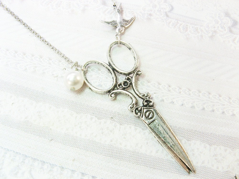 Silver Scissor Necklace ORIGINAL Silver Pearl SCISSORS