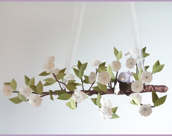 White tree limb with purple bird mobile- Baby Mobile- Nursery Mobile