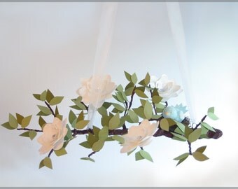 White English Garden Bloom Tree Limb with Tealy Blue Bird- Baby Mobile- Nursery Mobile