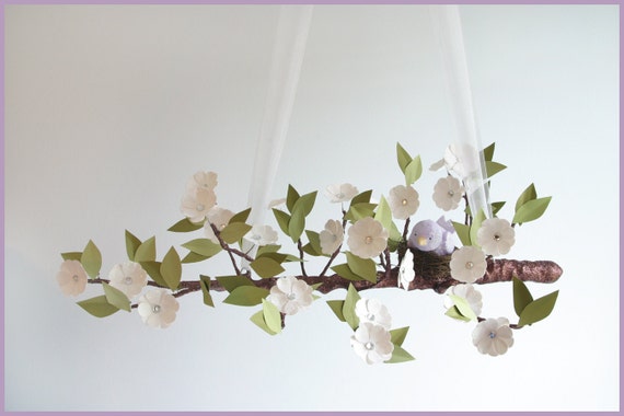 White tree limb with purple bird mobile- Baby Mobile- Nursery Mobile